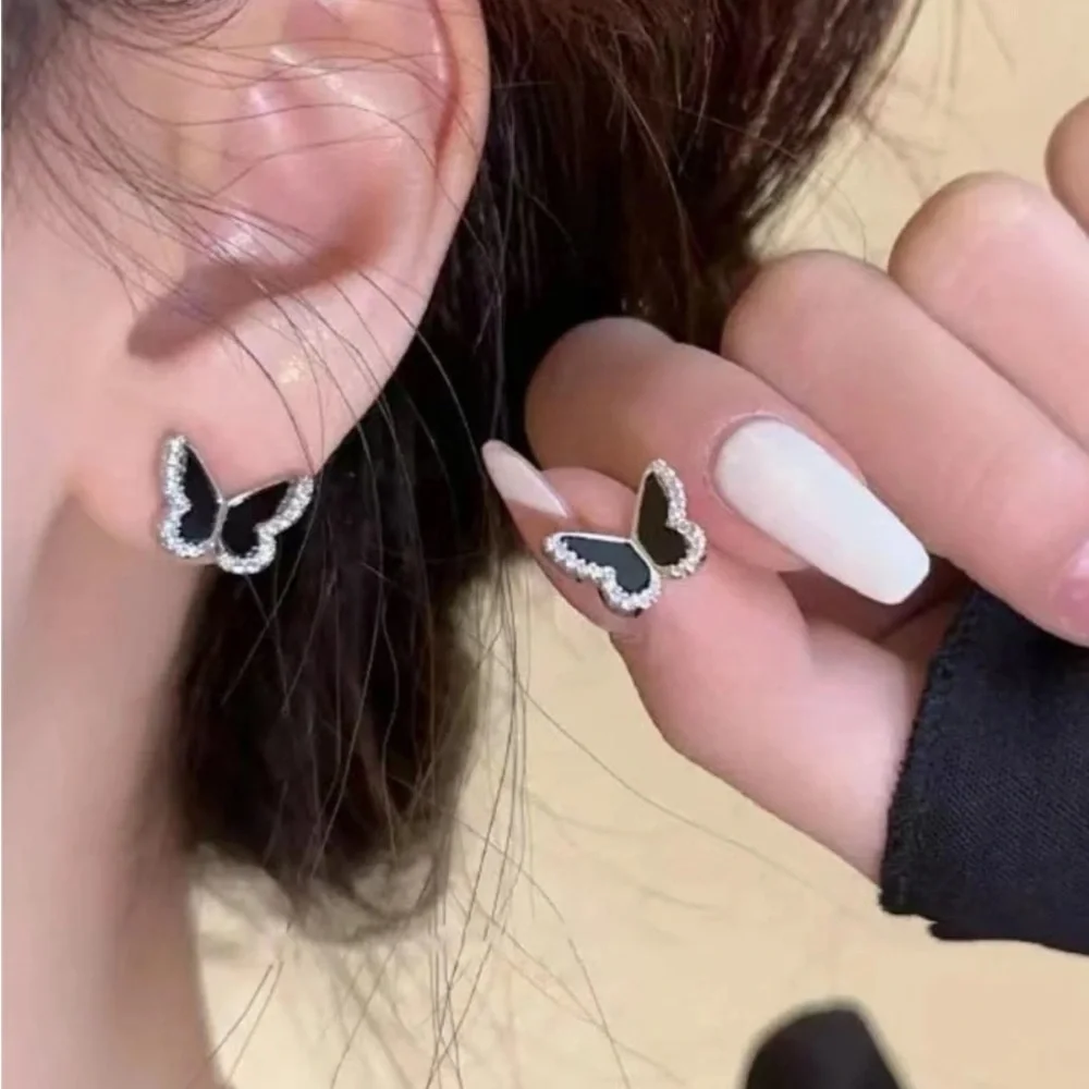 Black Cubic Zirconia Butterfly Stud Earrings, Black Butterfly Earrings